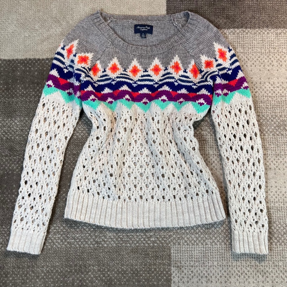 American Eagle Fair Isle Crochet Knit Sweater Womens Small Gray Wool Blend Boho